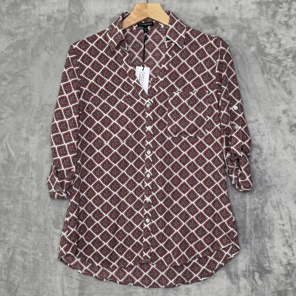 Express Shirt Womens XS Red White Geometric Tile Print Button Down Long Sleeve - Picture 1 of 6
